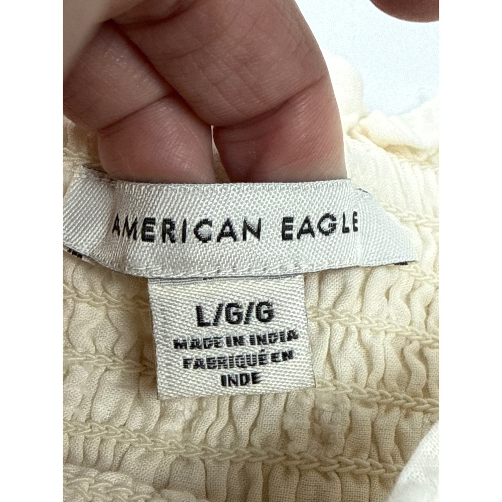 American Eagle Size L Ivory Smocked Eyelet Mini Dress Cottagecore Puff Sleeve - Picture 5 of 10